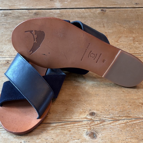 Nantucket Sole (Cole Haan) Navy Leather Cross Strap Flat Slide Sandals - Picture 2 of 11